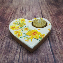 Load image into Gallery viewer, Tealight candle holder, Yellow daffodils wooden heart shaped candle holder and flameless candle set