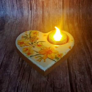 Tealight candle holder, Yellow daffodils wooden heart shaped candle holder and flameless candle set