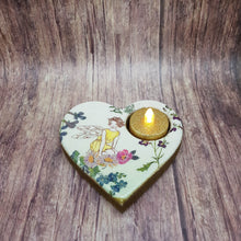 Load image into Gallery viewer, Tealight candle holder, woodland fairy wooden heart shaped candle holder and flameless candle set