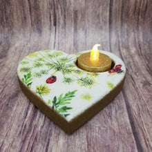 Load image into Gallery viewer, Tealight candle holder, Ladybug design wooden heart shaped candle holder and flameless candle set