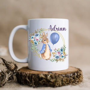 Personalised PPeter rabbit mug, Rainbow bunny mug, Hot chocolate mug gift, Birthday gift, Gift for daughter, sister