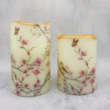 Load image into Gallery viewer, Set of 2 flameless candles, cherry blossom tree and birds, LED flickering pillar candles, spring home decor