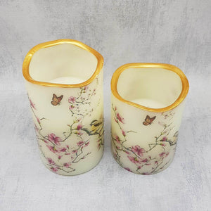 Set of 2 flameless candles, cherry blossom tree and birds, LED flickering pillar candles, spring home decor