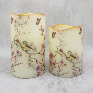 Set of 2 flameless candles, cherry blossom tree and birds, LED flickering pillar candles, spring home decor
