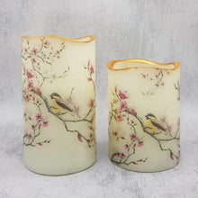 Load image into Gallery viewer, Set of 2 flameless candles, cherry blossom tree and birds, LED flickering pillar candles, spring home decor
