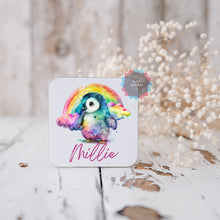 Load image into Gallery viewer, Personalised Rainbow Penguin mug and coaster set, drinkware table set, birthday gift, penguin lovers gift