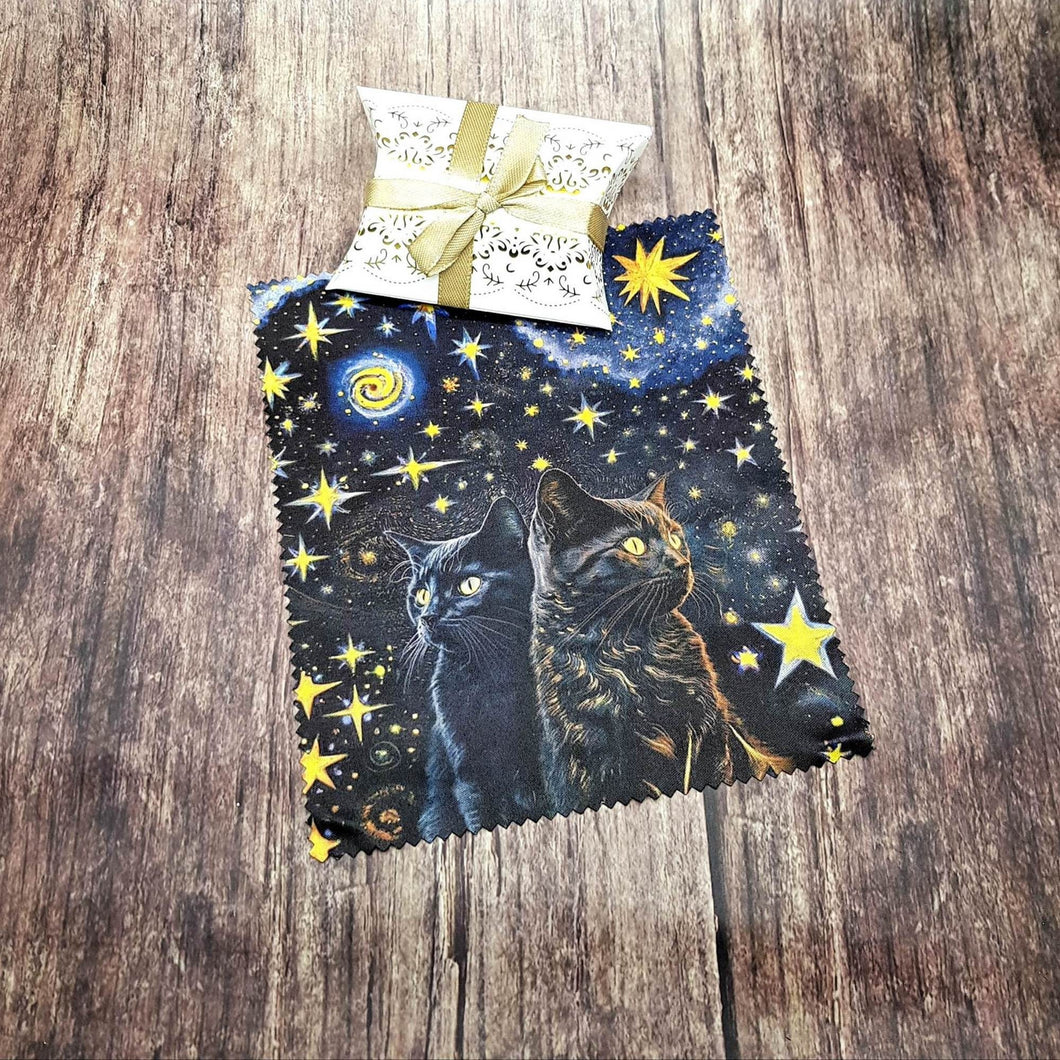 Personalised two starry black cats soft cloth for eyeglasses, lens, spectacles, screens, unique small gift