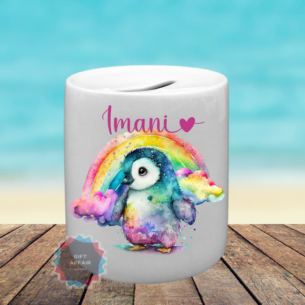 Personalised rainbow penguin ceramic piggy bank, Ceramic money box, Birthday gift, penguin lover