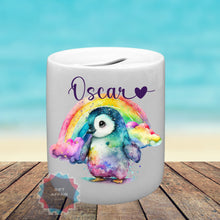 Load image into Gallery viewer, Personalised rainbow penguin ceramic piggy bank, Ceramic money box, Birthday gift, penguin lover