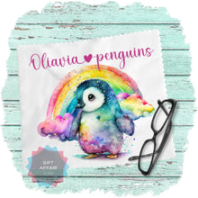 Load image into Gallery viewer, Personalised Rainbow Penguin cloth for eyeglasses, lens, spectacles, screens, magical rainbow gift for penguin lovers