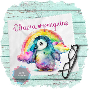 Personalised Rainbow Penguin cloth for eyeglasses, lens, spectacles, screens, magical rainbow gift for penguin lovers