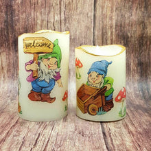 Load image into Gallery viewer, Set of 2 Garden gnomes flameless candles, LED flickering pillar candles, home and garden decor