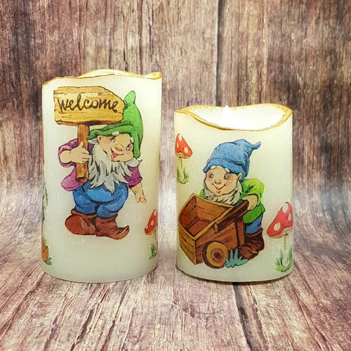 Set of 2 Garden gnomes flameless candles, LED flickering pillar candles, home and garden decor