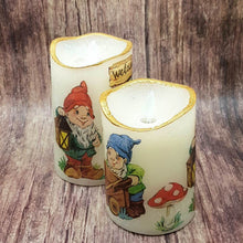 Load image into Gallery viewer, Set of 2 Garden gnomes flameless candles, LED flickering pillar candles, home and garden decor