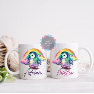 Personalised Rainbow Penguin mug and coaster set, drinkware table set, birthday gift, penguin lovers gift