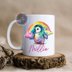 Personalised Rainbow Penguin mug and coaster set, drinkware table set, birthday gift, penguin lovers gift