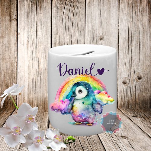 Personalised rainbow penguin ceramic piggy bank, Ceramic money box, Birthday gift, penguin lover