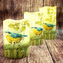 Load image into Gallery viewer, Set of 3 decorativeflameless flickering candles, Yellow tit LED candles, spring home decor