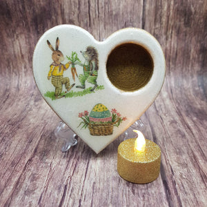 Easter bunny tealight candle holder, wooden heart shaped candle holder and flameless candle set