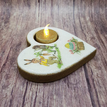 Load image into Gallery viewer, Easter bunny tealight candle holder, wooden heart shaped candle holder and flameless candle set