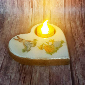 Easter tealight candle holder, wooden heart shaped candle holder and flameless candle set