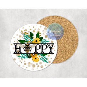Bee Happy coaster, tableware, home and garden decor, letter box gift, MDF coaster, new home gift
