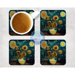Van Gogh Sunflowers coasters set, art coasters, home and garden decor, letter box gift, 4 MDF coasters