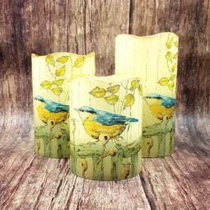 Set of 3 decorativeflameless flickering candles, Yellow tit LED candles, spring home decor