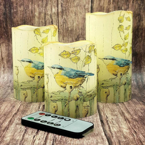 Set of 3 decorativeflameless flickering candles, Yellow tit LED candles, spring home decor