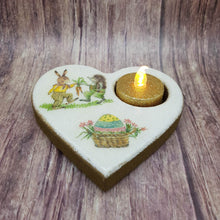 Load image into Gallery viewer, Easter bunny tealight candle holder, wooden heart shaped candle holder and flameless candle set
