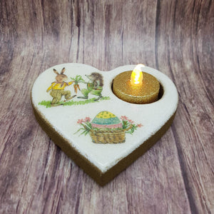 Easter bunny tealight candle holder, wooden heart shaped candle holder and flameless candle set