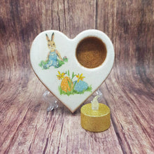 Load image into Gallery viewer, Easter tealight candle holder, wooden heart shaped candle holder and flameless candle set