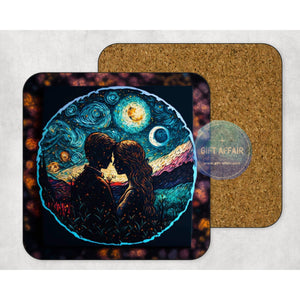 Romantic couple coasters set, art coasters, home and garden decor, letter box gift, 4 MDF coasters