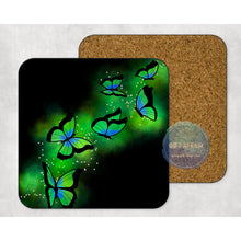 Load image into Gallery viewer, Neon Butteflies coasters set, buttefly lover gift, home and garden decor, letter box gift, 4 MDF coasters