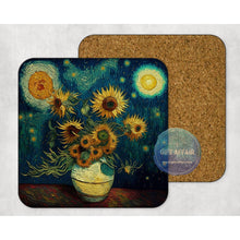 Load image into Gallery viewer, Van Gogh Sunflowers coasters set, art coasters, home and garden decor, letter box gift, 4 MDF coasters