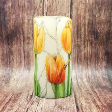 Load image into Gallery viewer, Orange tulips decorative flameless pillar candle gift for her, for mom, anniversary gift, housewarming gift