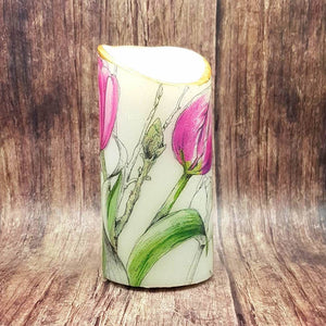Pink tulips decorative flameless pillar candle gift, floral flickering LED candle