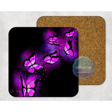 Load image into Gallery viewer, Neon Butteflies coasters set, buttefly lover gift, home and garden decor, letter box gift, 4 MDF coasters