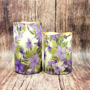 Clematis LED decorative candles, Set of 2 flameless flickering pillar candles, spring home decor