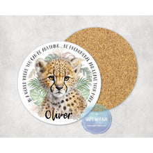 Load image into Gallery viewer, Leopard affirmation coasters, personalised motivation coffee tea drink coasters, indoor outdoor garden table decor, letterbox gift