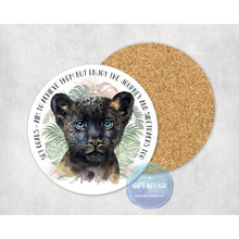 Load image into Gallery viewer, Panther affirmation coasters, personalised motivation coffee tea drink coasters, indoor outdoor garden table decor, letterbox gift