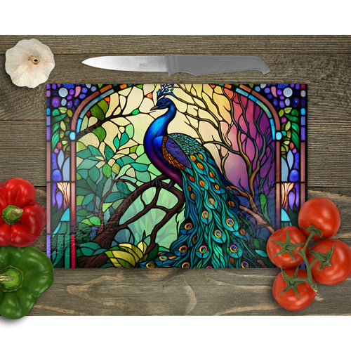 Peacock Tempered Glass Chopping Board, Glass Placemats, outside dining, New home gift, worktop saver, stained glass image