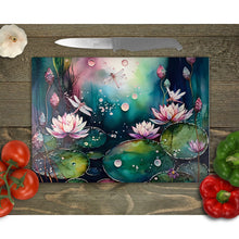 Load image into Gallery viewer, Water lily Tempered Glass Chopping Board, Glass Placemats, outside dining, New home gift, worktop saver, stained glass image