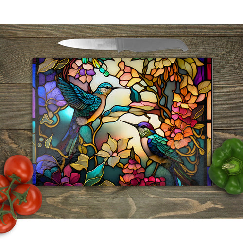 Hummingbords Tempered Glass Chopping Board, Glass Placemats, outside dining, housewarming gift, worktop saver, stained glass image