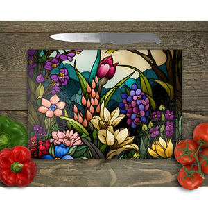 Flower Garden Tempered Glass Chopping Board, Glass Placemats, outside dining, housewarming gift, worktop saver, stained glass image