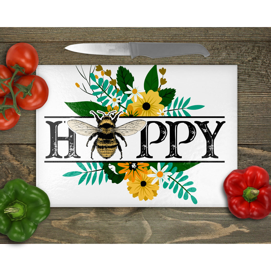 Bee Happy Tempered Glass Chopping Board, Glass Placemats, outside dining, housewarming gift, worktop saver, stained glass image