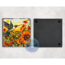 Load image into Gallery viewer, Embroidery hummingbird and sunflower coasters, slate coaster, mdf coaster, letter box gift, tableware gift for her him