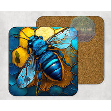 Load image into Gallery viewer, Blue Bee coasters, bee happy gift, home and garden decor, letter box gift, mdf, slate coasters