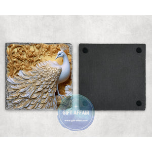White peacock coasters, 3d effect gift, home and garden decor, letter box gift, mdf, slate coasters