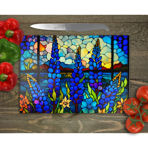 Bluebonnets Tempered Glass Chopping Board, Glass Placemats, outside dining, New home gift, worktop saver, stained glass image